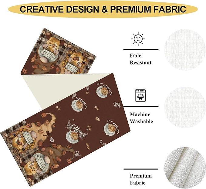 Coffee Time Table Runner, Farmhouse Retro Gnome Coffee Cup Tea Party Cafe Brwon Table Center Decor for Home Kitchen Dining Patio Holiday Party Indoor Outdoor Table Decorations,13"x72" Inch