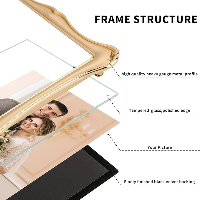 8 x 10'' Premium Alloy Gold Photo Frame with Acid Free 5x7'' Mat - High-End Décor Metal Frames 5x7'' with Black Velvet Back