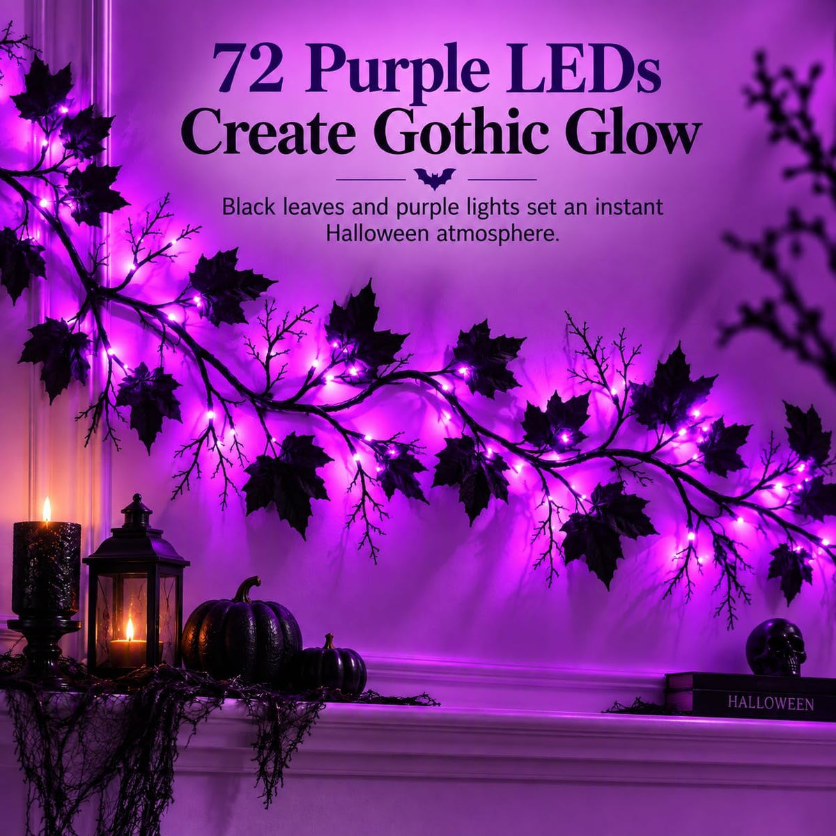 Halloween Garland with Purple Lights, 9 FT Black Maple Leaves, 72 LEDs