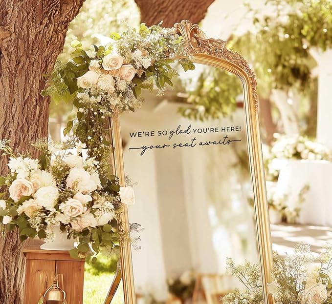 Wedding Sign Decal, Seating Chart, Welcome Vinyl Wedding Mirror Decal, We're So Glad You're Here Seating Chart, Your Seat Awaits (Black, Width 17 inch)