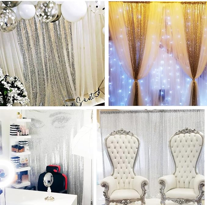 Poise3EHome Silver Sequin Backdrop Curtains,2ft x 8ft Sequin Photography Backdrop Curtain 2 Panels for Party Decoration