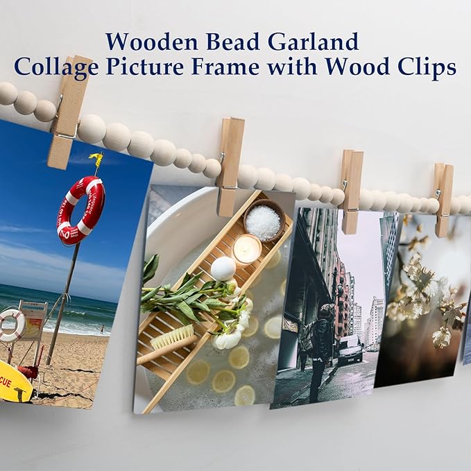 Hanging Photo Display Wall Decor with 15 Wood Clips, 67 Inches Boho Wooden Bead Garland Collage Picture Frame Photos String DIY, Photo Hanger for Bedroom Office Dorm Room Decor Gifts(1PCS)