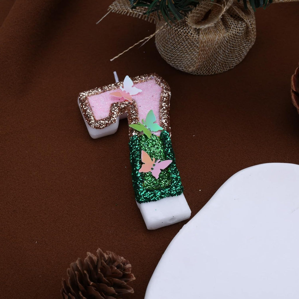 Butterfly Birthday Candles Numbers for Cakes, Pink and Green Party Decorations, Birthday Party Glitter Number 7 Candle Cake Topper with Sequins for Girls Women Anniversary Celebrations Supplies
