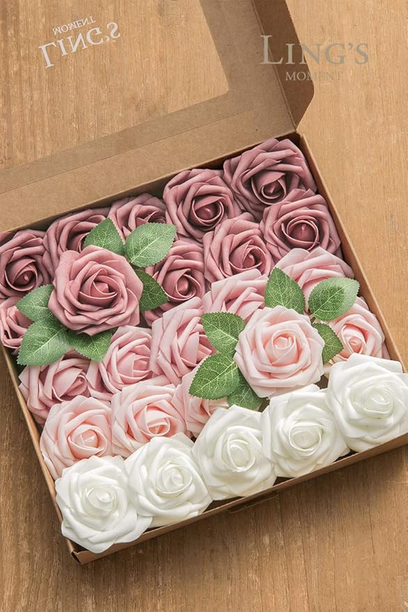 Ling's Moment Artificial Flowers, 25Pcs 3" Roses in Dusty Rose Shades, Realistic DIY Foam Floral Decor for Wedding Bouquets/Centerpieces, Outdoor Party Backdrops, Room/Table, and Garden/Pot Decoration
