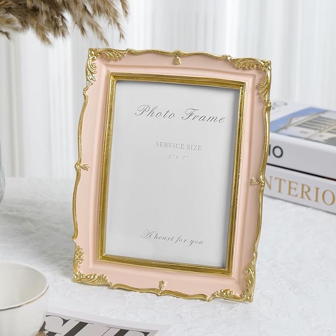 Cuspin Vintage Pink 5x7 Picture Frame, Pink and Gold 5 by 7 Antique Photo Frames, Ornate Textured Hand-Crafted Resin Frame with Glass Front for Tabletop Display, Retro Design Home Decor