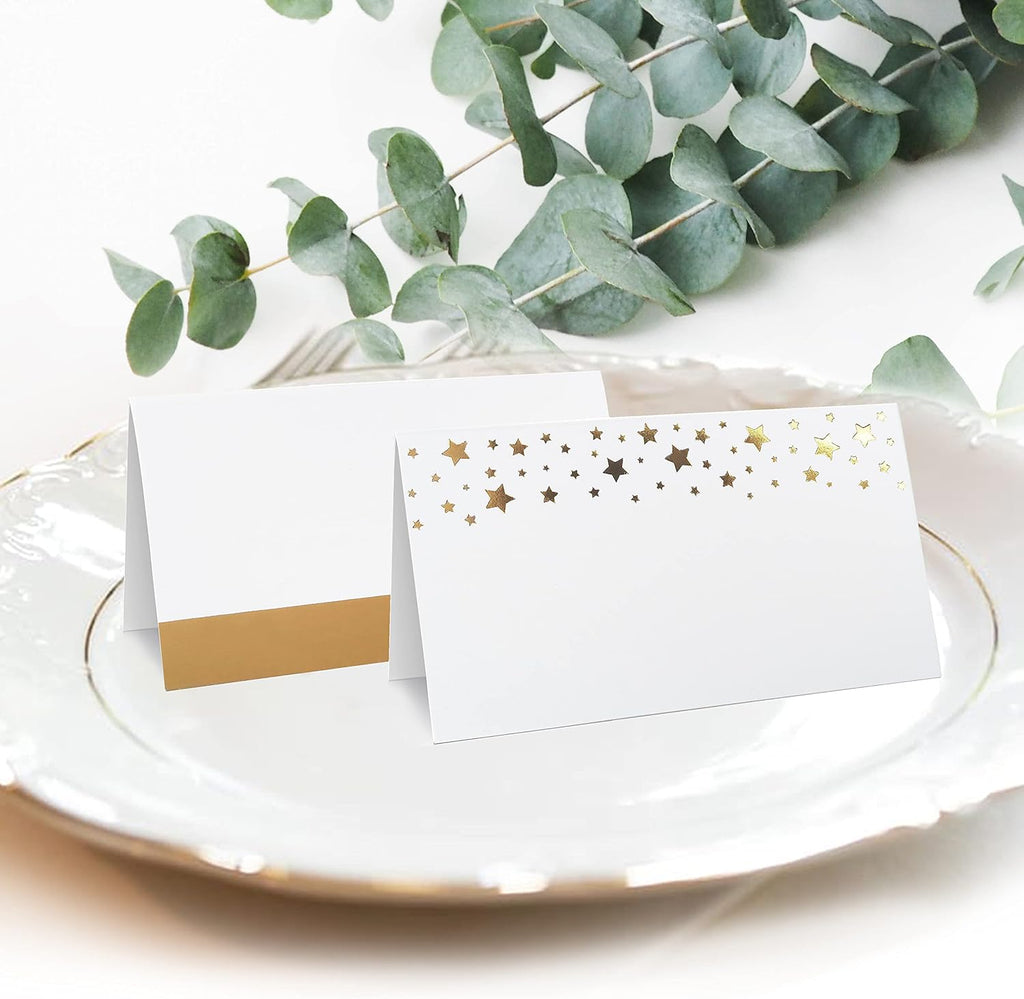 CLEVER SIGNS 100 Pack Gold Place Cards for Wedding Party Reception, 2" X 3.5, Double Design, Gold Foil Stars and Line, Scored for Easy Folding, Place Cards for Table Setting
