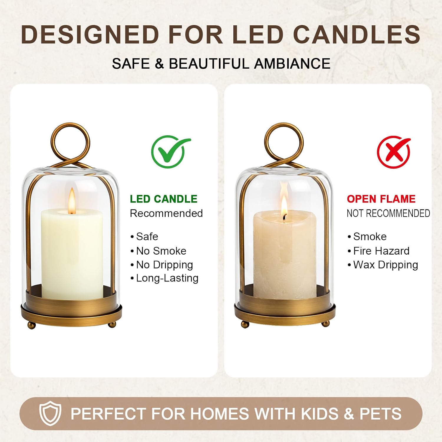 Woanger 3 Set Glass Pillar Candle Holder Set with Hanging Hooks, 5"/7"/9" Metal Candle Lantern with Glass Dome, Designed for Flameless LED Candles, Table Centerpiece Home Wedding Decor (Vintage Brass)