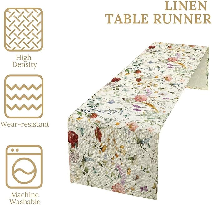 Floral Butterfly Table Runner,Rustic Colorful Flower Botanical Watercolor Pattern Print Burlap for Hotel Indoors Outdoor Dining Room Kitchen Holiday Party, 13x70in