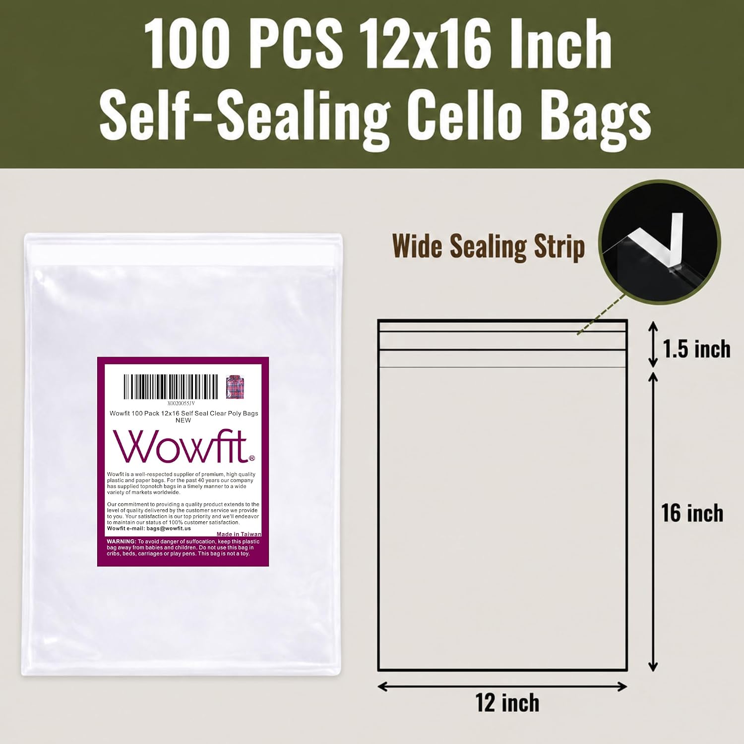 Wowfit 100 Count 12x16 Inch Clear Cellophane Plastic Bags, Resealable Self-Sealing Cello Bags Great for Packaging Clothing, Shirts, Decorative Wrappers, Party Favors, Artwork and More