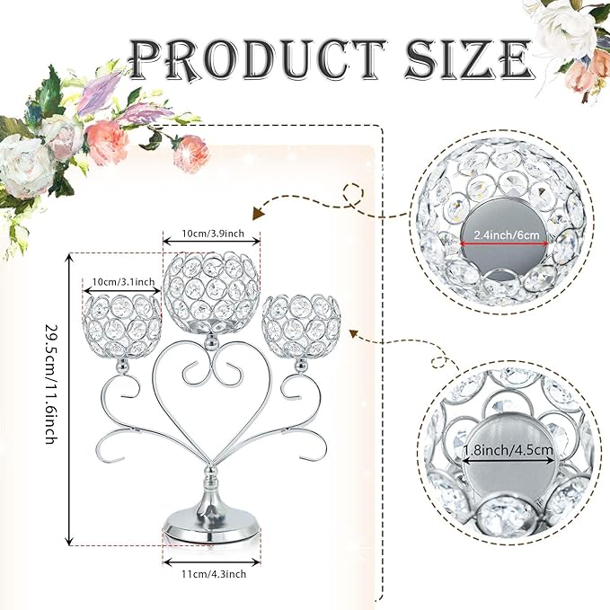 6 Pcs Silver 3-Arm Heart Tea Light Candle Holder - Crystal & Metal Wedding Centerpiece Decor, Sparkling Table Decor for Anniversaries/Romantic Tabletop Home/Dinner Party/Events