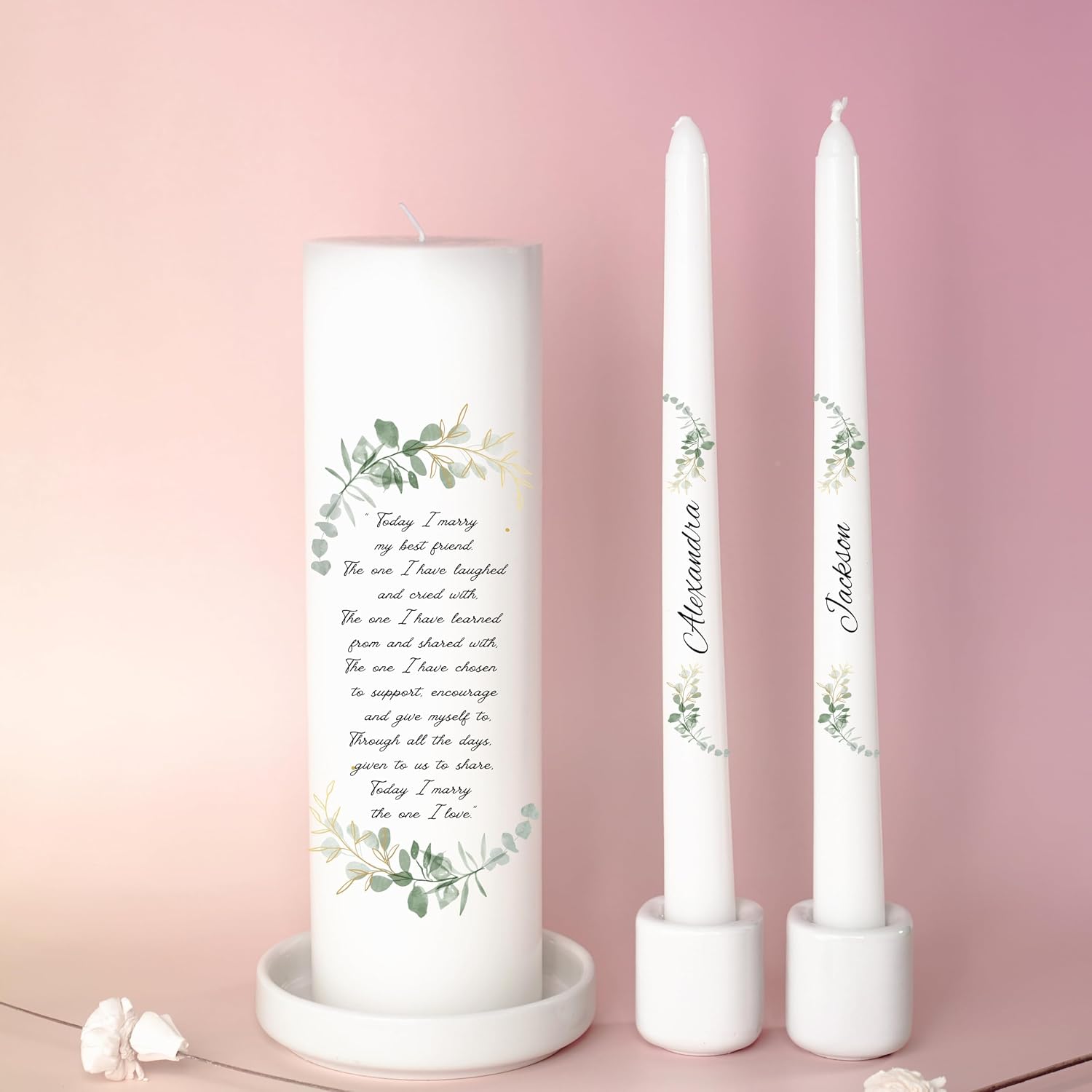 Unity Candles for Wedding, Modern Unity Set, Custom and Personalized Taper Candles with Bible Quote, Unscented White Premium Wax, Religious and Wedding Ceremony, Special Events (Custom Names)