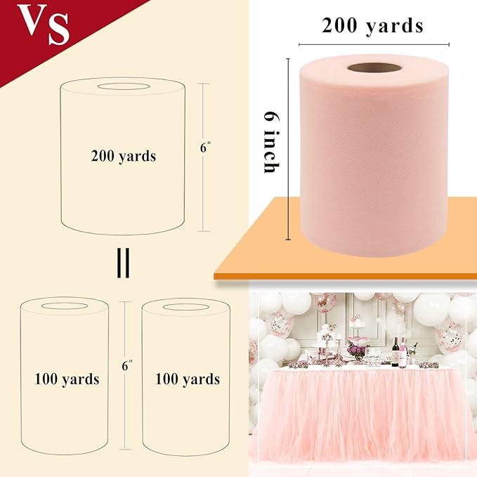 Blush Tulle Fabric Rolls 6 Inch by 200 Yards (600 feet) Fabric Spool Tulle Ribbon for DIY Blush Tutu Bow Baby Shower Birthday Party Wedding Decorations Craft Supplies