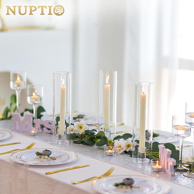 NUPTIO Hurricane Glass Candle Holders: Set of 2 Candlestick Holder with Cylinder Covers 11.8 inch Tall Windproof Clear Taper Candle Stand for Fall Thanksgiving Christmas Decor