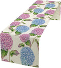Spring Hydrangea Flower Table Runner, Seasonal Summer Plants Watercolor Pink Purple Florals Dinner Runner for Home Kitchen Dining Table Party Holiday Decoration 13"x60"