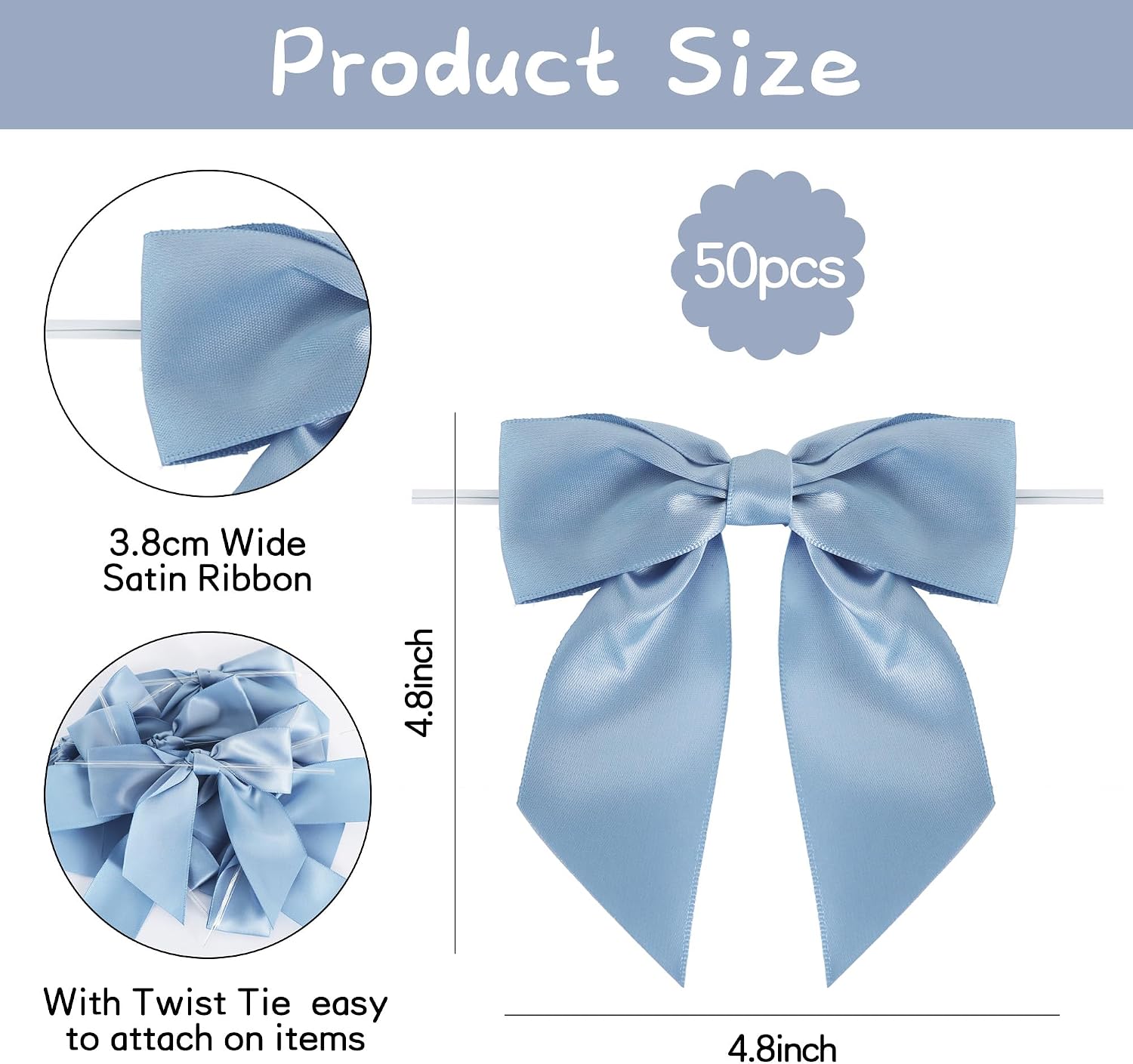 TONIFUL 50pcs Dusty Blue Satin Ribbon Bows with Twist Tie, 4.5 Inch Decorative Bows for Gift Wrapping, Treat Bags, Crafts, Bottles, Christmas Tree, Wedding, Baby Shower, Birthday Party Decorations