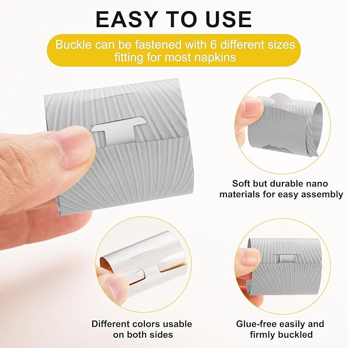 Polymer Material Reusable Napkin Band, Glue-Free Tear-Proof Water Resistant Oil-Proof Napkin Bands Set of 100(Front Silver Rose and Back Silver Color), 6 Adjustable Sizes Napkin Rings
