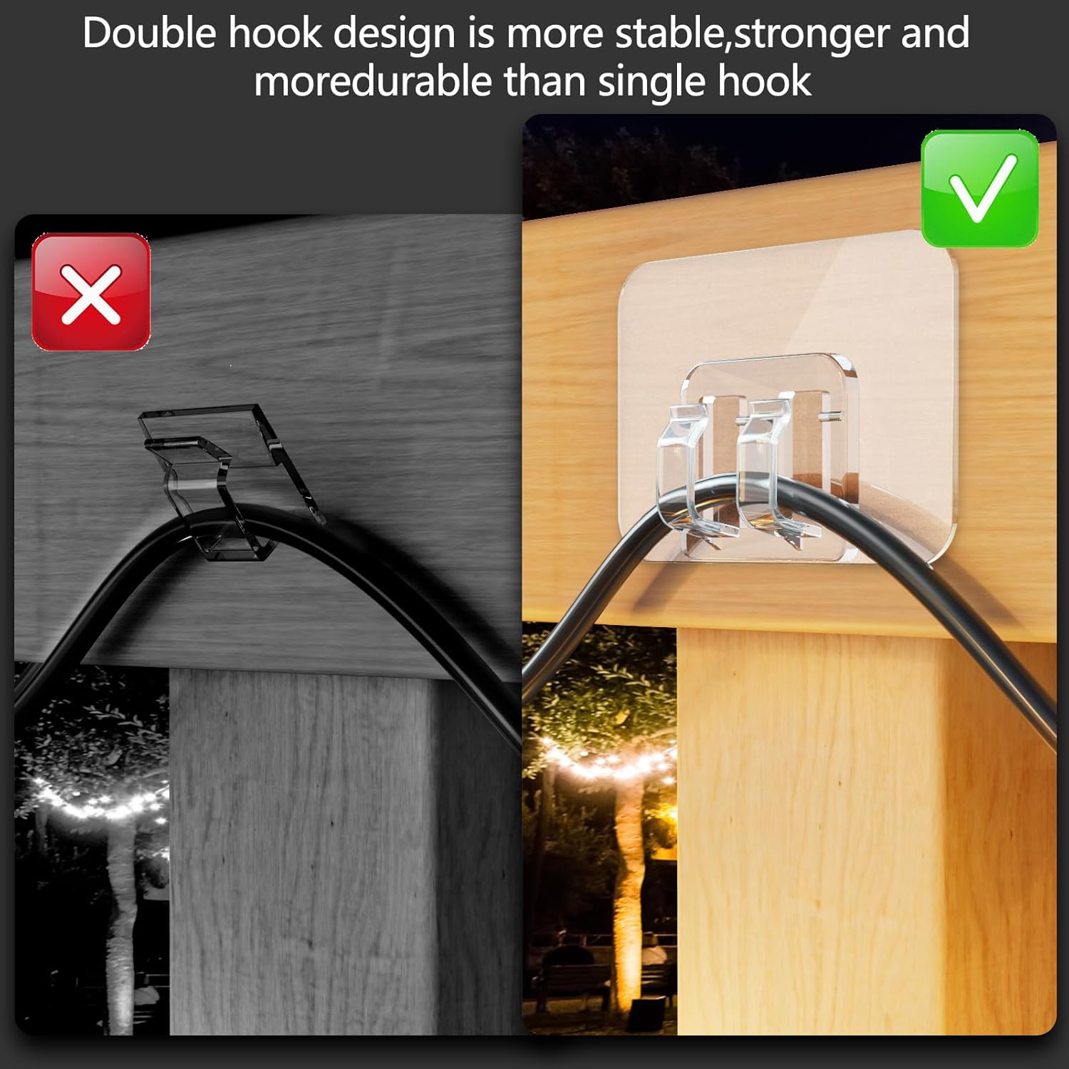 Hooks for Outdoor String Lights - 100 Pack with Adhesive Strips - No Damage, No Tools, No Holes, Waterproof and UV-Resistant, Perfect for Christmas and Patio Decor