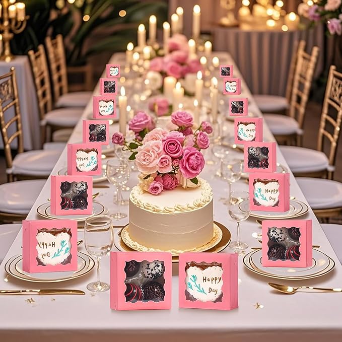 RomanticBaking 3 ¼" x 3 ¼" x 1 ½" 50PCS Chocolate Truffle Boxes for 4，Cookies Boxes Soap Boxes Donut Boxes Macaron Boxes Mini Bakery Boxes with Window Brownie Box