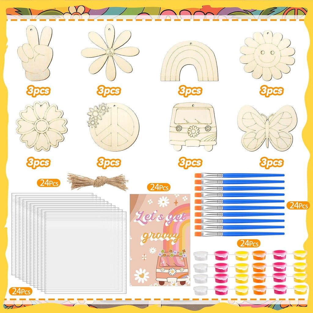 Saypacck 24 Pcs Groovy Boho Hippie Party Favors Wooden Painting Craft Kits Birthday Party Supplies with Organza Bag for Goodie Bags Fillers Adult Thank You Gifts