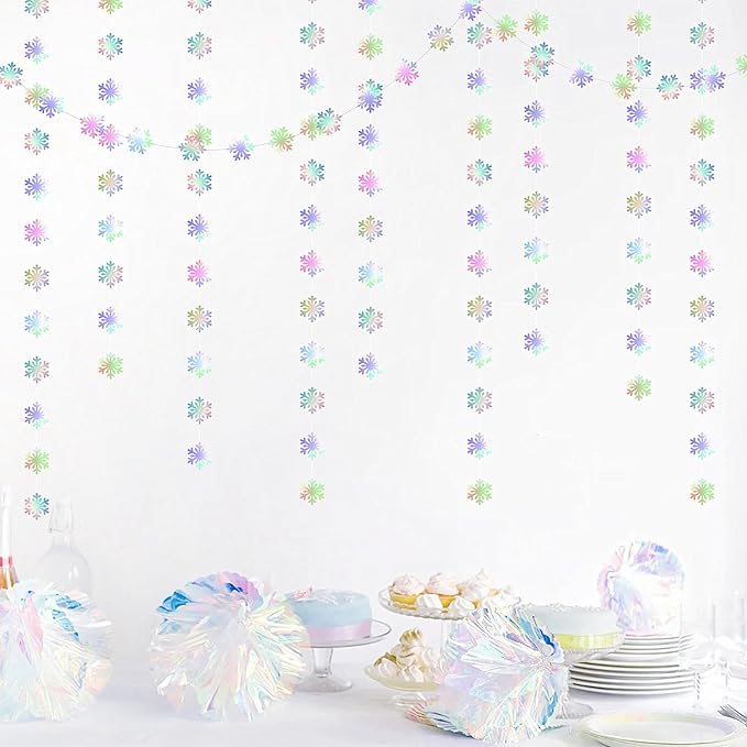 Snowflake-Snow Iridescent-Holographic Christmas Party-Decoration Garland - 52ft Winter Wonderland Frozen Ornaments Hanging Paper Streamers,New Years Birthday Baby Shower Dance Ceiling Decor Hugfond