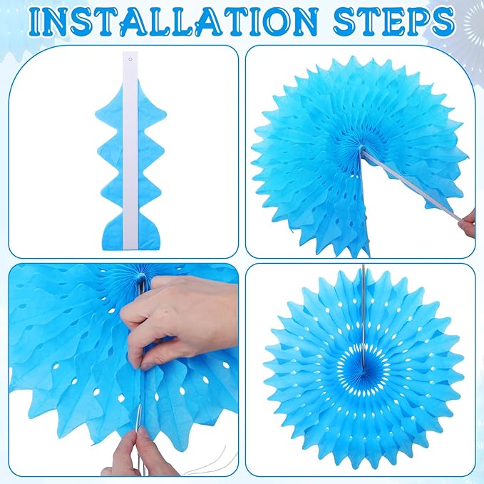 Outus 12 Pcs Hanging Honeycomb Paper Fans Sets, Fiesta Blue and White Party Decorations, Tissue Paper Flowers Supplies for Birthday Wall Classroom Wedding Bridal Photo Backdrop (8/14 Inch)