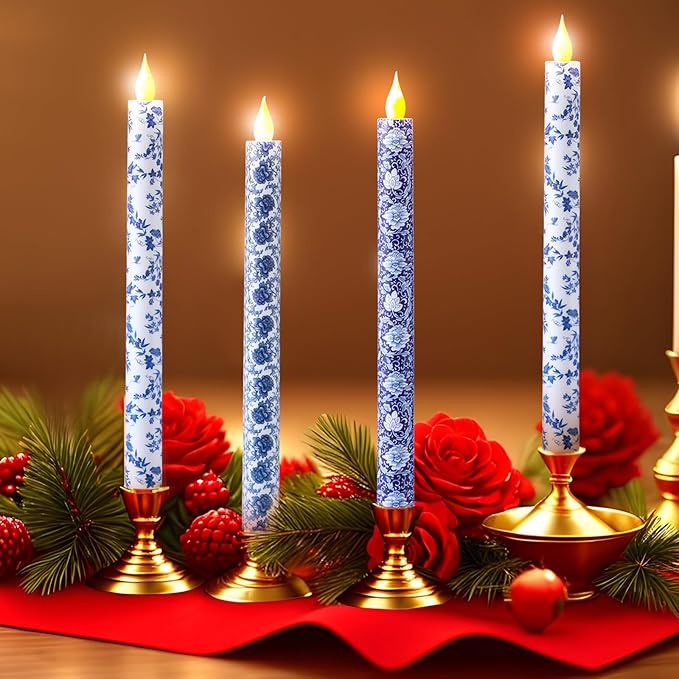 Baquler 6 Pcs Christmas Chinoiserie Flameless Candles 10.6 Inch Blue and White Battery Operated Led Candlesticks Chinoiserie Decor for Christmas Centerpiece Xmas Party Decor Holiday Gifts