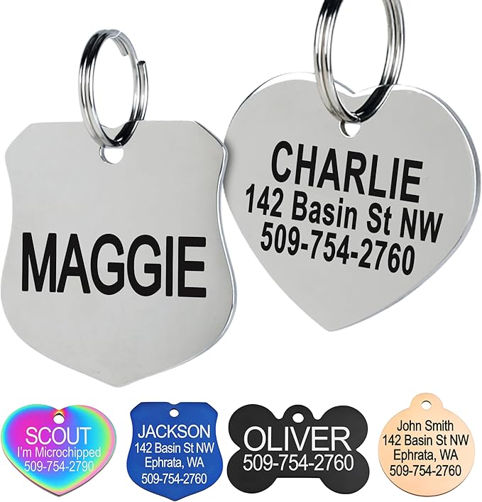 GoTags Stainless Steel Pet ID Tags, Personalized Dog Tags and Cat Tags, up to 8 Lines of Custom Text, Engraved on Both Sides, in Bone, Round, Heart, BowTie and More (Ranger Badge, Regular (Pack of 1))