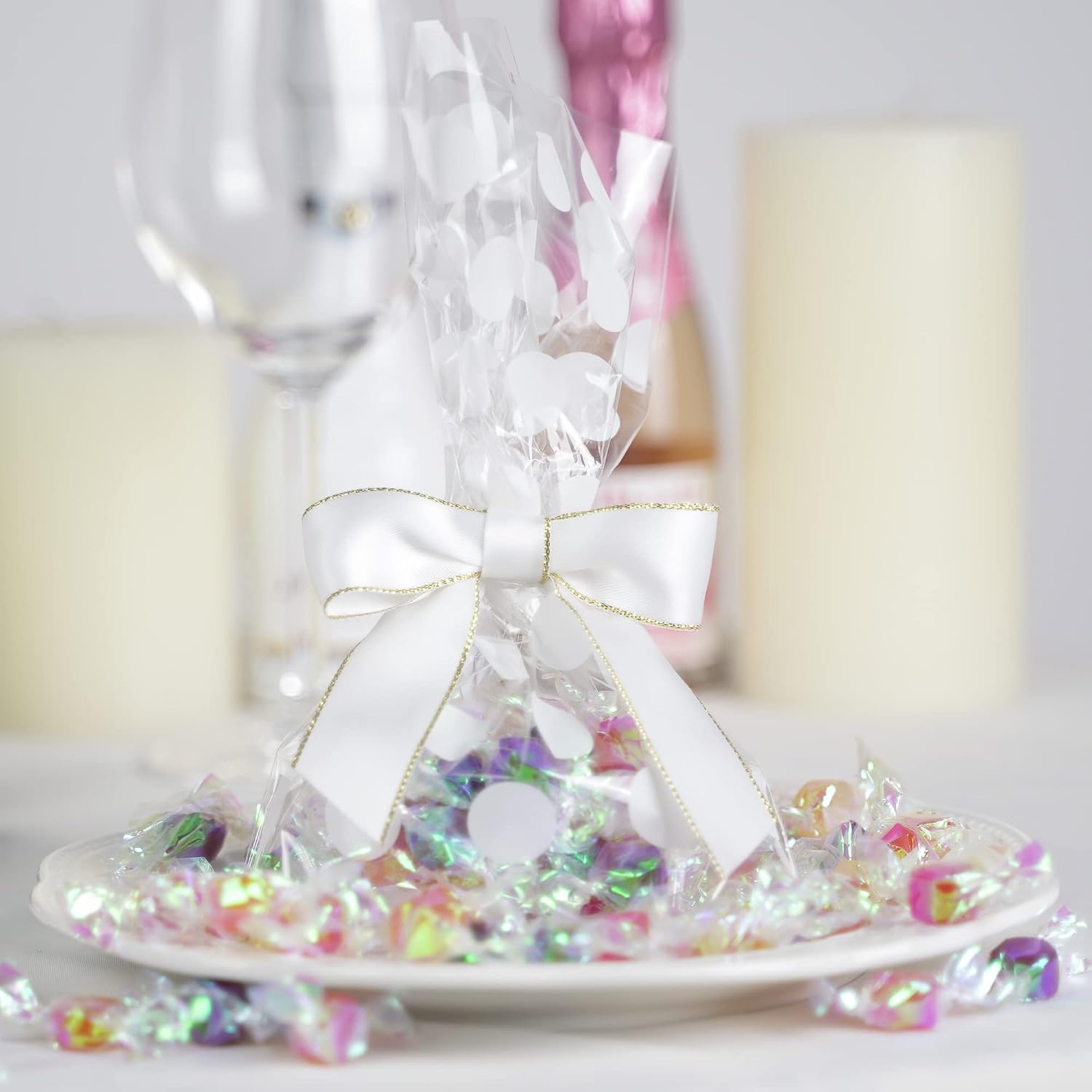 AIMUDI White Bows 3.5" Satin Twist Tie Bows Premade Ribbon Bows with Gold Edge Pretied Bows for Treat Bags, Cake Pop, Crafts, Wedding Favors, Gift Wrapping, Baby Shower, Apple Candy- 50 Counts