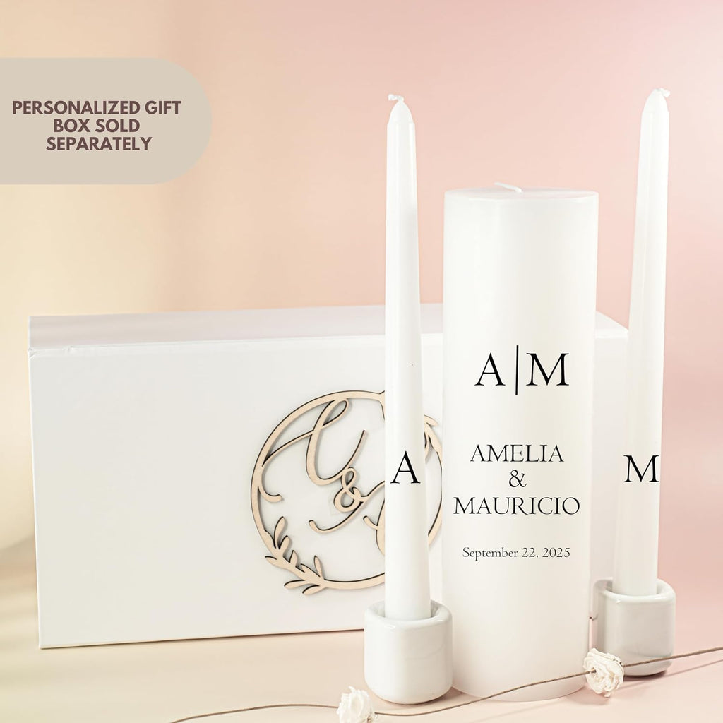 Unity Candles for Wedding, Modern Unity Set, Custom and Personalized Pillar and Taper Candles, Custom Date and Names. Unscented White Premium Wax, Religious and Wedding Ceremony, Special Events