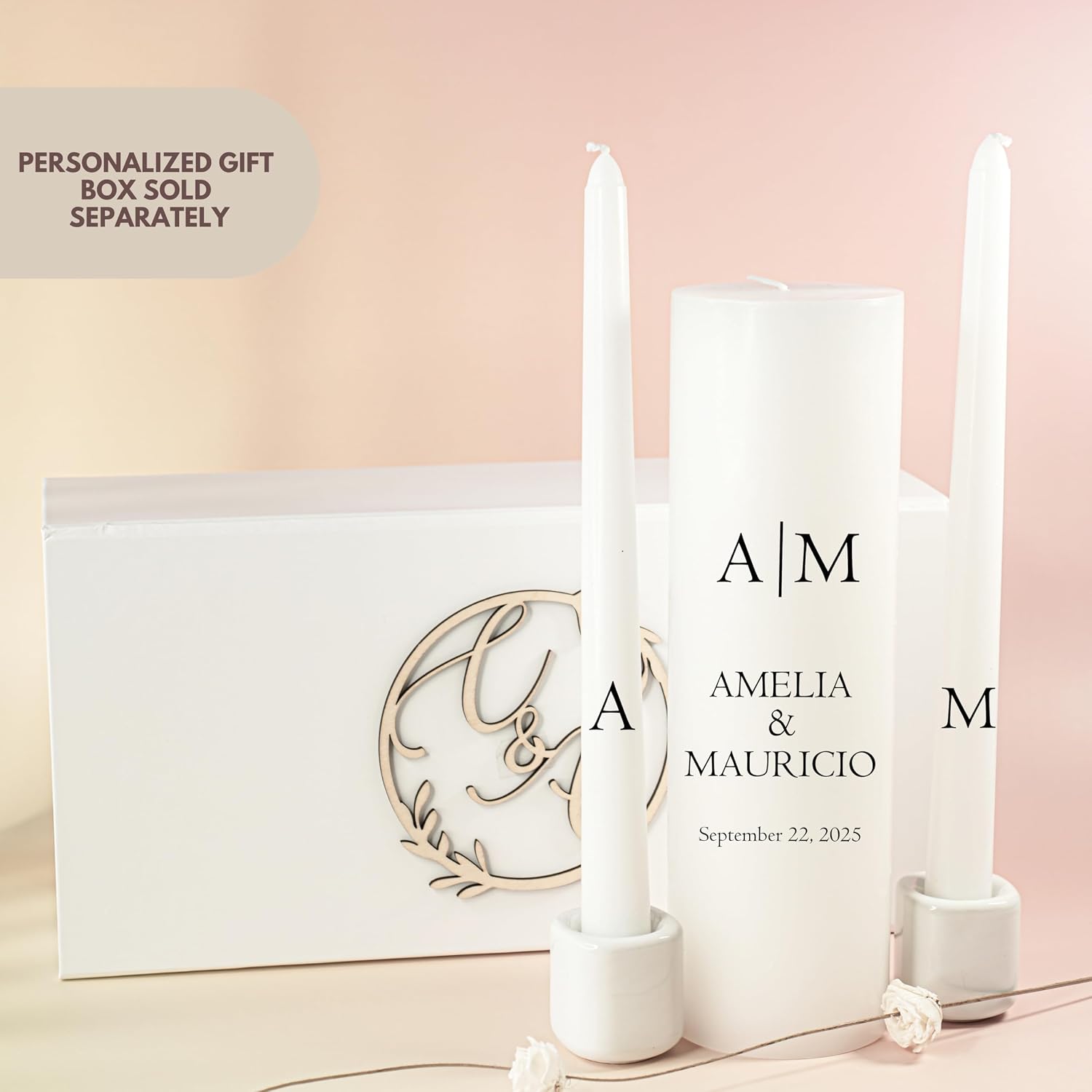 Unity Candles for Wedding, Modern Unity Set, Custom and Personalized Pillar and Taper Candles, Custom Date and Names. Unscented White Premium Wax, Religious and Wedding Ceremony, Special Events