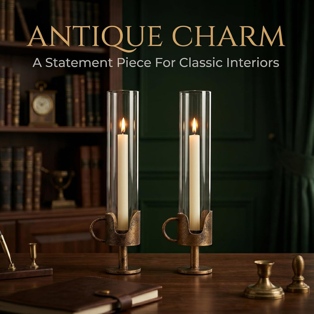 Antique Brass Hurricane Candle Holders with Clear Glass Tube, Set of 2 Vintage Taper Candlestick Holders for Dining Table Centerpiece & Fireplace Mantle Decor, 13.2" Tall