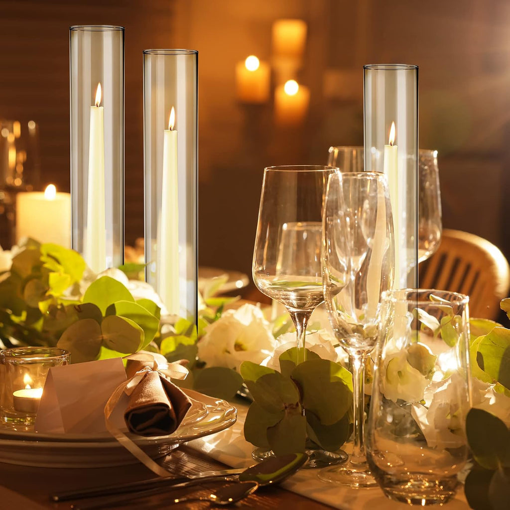 Treela 6 Pcs 2.5" W x 14" H Hurricane Candle Holder Sleeve Bottomless Glass Cylinder Candleholder Sleeve Tall Candle Glass Cover Clear Open Ended Shade Chimney Tube Cover for Pillar Taper Lamp