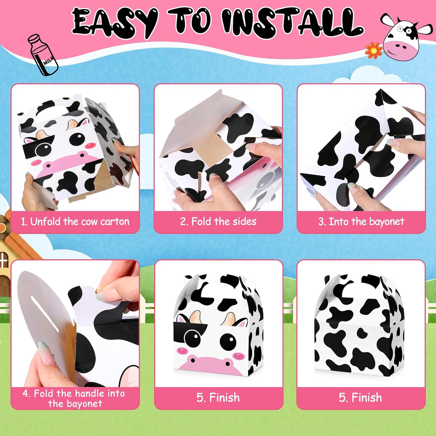 Sherr 12 Pack Cow Boxes for Party Favors Decorations Cow Treat Candy Goodie Candy Treat Boxes Reusable Print Gift Bags for Birthday Farm Animals Party Supplies
