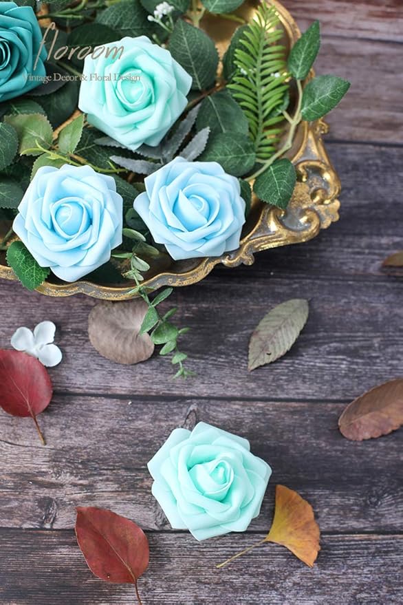 Floroom Artificial Flowers 50pcs Real Looking Aqua Blue Foam Fake Roses with Stems for DIY Wedding Bouquets Bridal Shower Centerpieces Floral Arrangements Party Tables Home Decorations