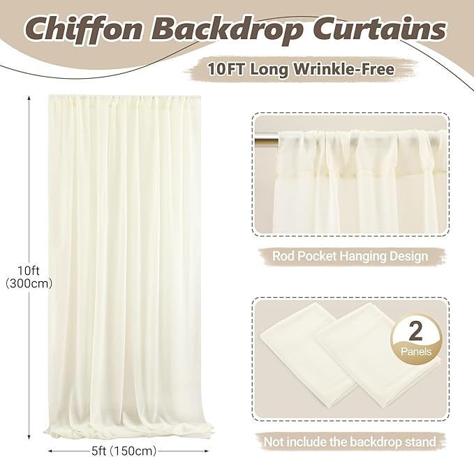 10ft x 10ft Ivory Backdrop Curtain Drapes, Wrinkle-Free Sheer Chiffon Fabric Photo Background Panels for Wedding Arch Party Ceremony Stage Photography Decorations