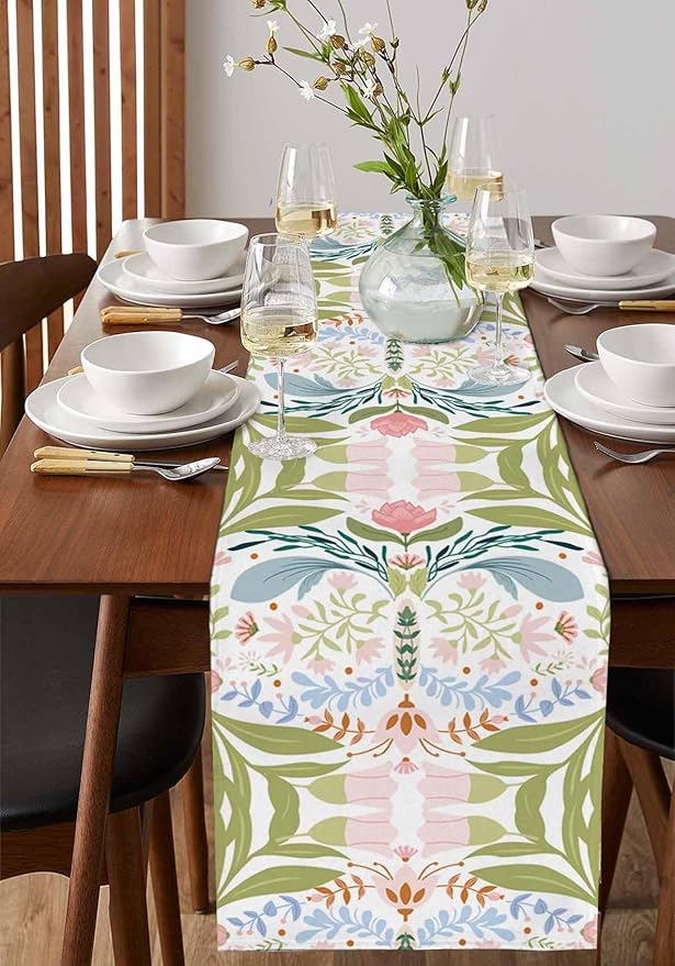 Green Blue Pink Boho Floral Cotton Linen Table Runner for Dining Kitchen, Wedding Outdoor Party Tablerunners Decoration, Retro Bohemian Botanical Dresser Scarf Coffee Tablecloth Runners 13x72 Inches