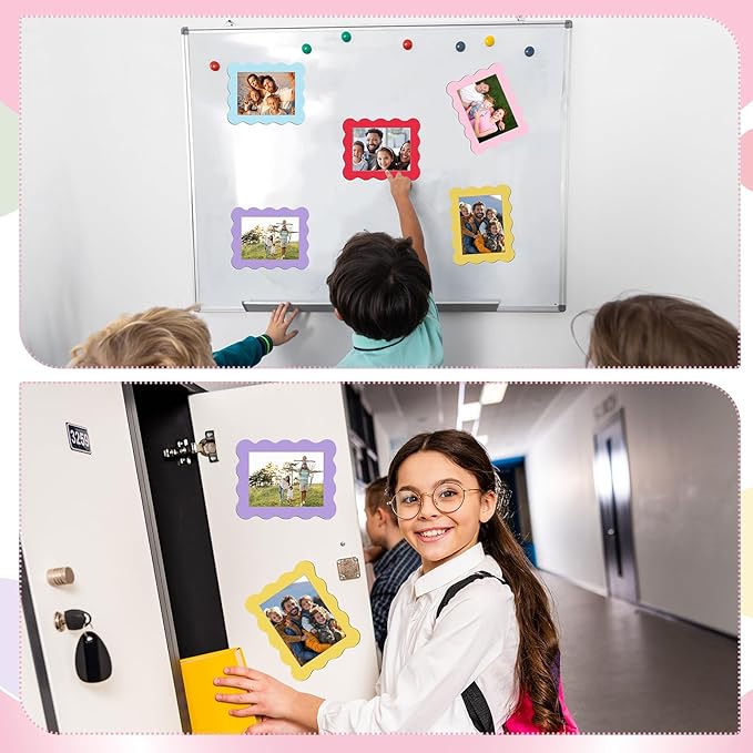 Kingdder 12 Pcs Scalloped Magnetic Picture Frame for Refrigerator 4 x 6 Pastel Reusable Picture Frame Magnets Decorative Photo Holders for Fridge Home School Office Kitchen Locker Decor
