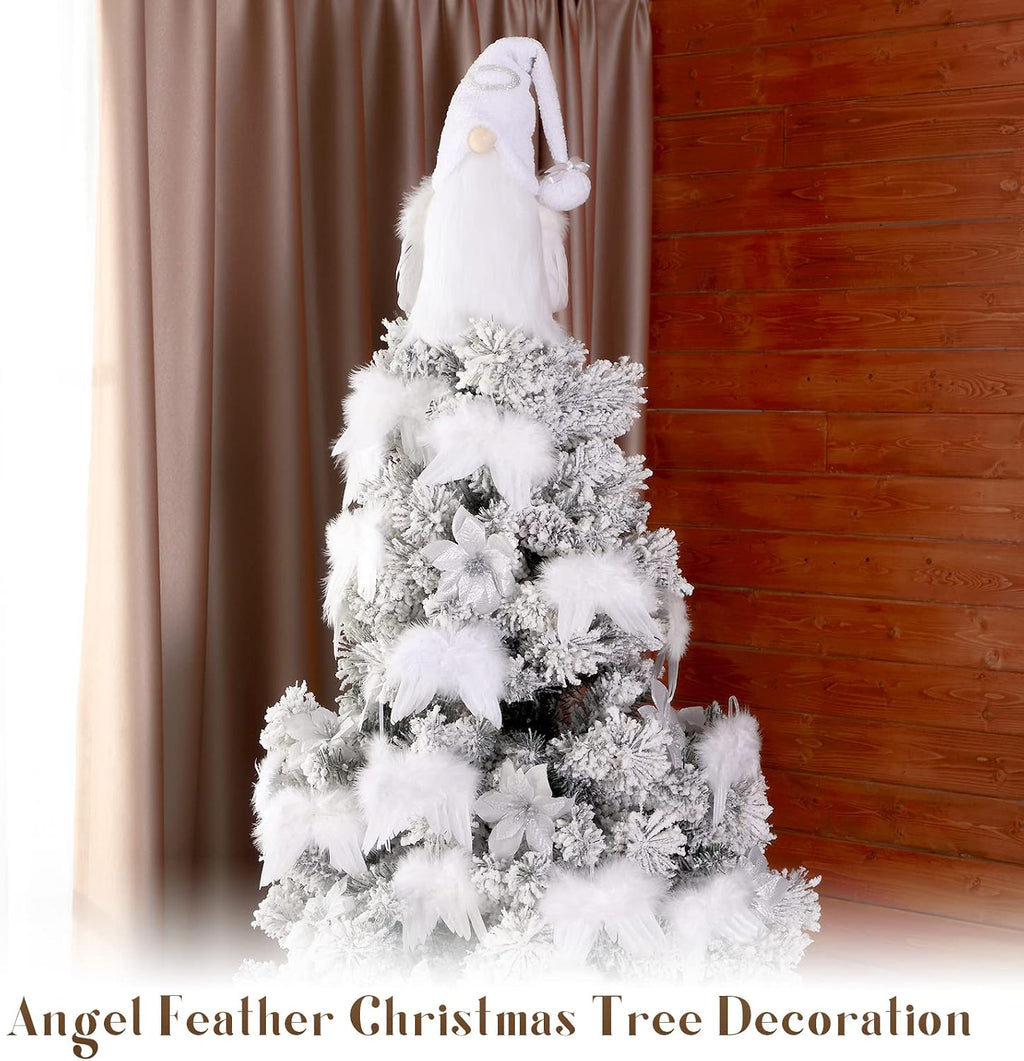 Sratte Christmas Angel Gnomes Treetop 23 Inch White and Silver Gnome Tree Topper and 24 Pcs 4.72 x 4.6 Inch Angel Feather Ornament Plush Christmas Tree Mantel Table Decorations for Xmas Winter Holiday