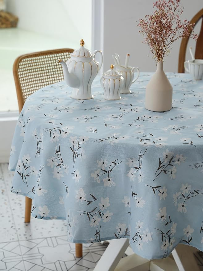 Pastoral Round Tablecloth - 60 Inch Dia. - Linen Fabric Table Cloth - Washable Table Cover with Dust-Proof Wrinkle Resistant for Restaurant, Picnic, Indoor and Outdoor Dining, Floral (Light Blue)