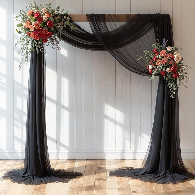 Wedding Arch Draping Fabric,1 Panel 18FT Black Sheer Chiffon Curtain Drapes 6 Yards for Wedding Ceremony Birthday Party Decoration