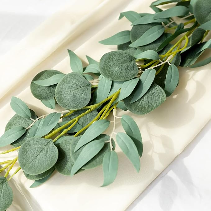 Kisflower 5 Pack 6.56FT Green Eucalyptus Garland for Decoration Table with Willow Leaves Greenery Garland Fake Hanging Plants Vines for Wedding Arch Decor Party Room Home Garden Office Wall Decor