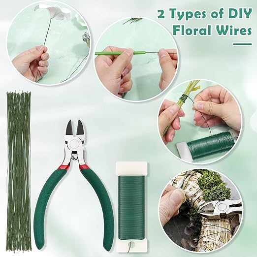 PAXCOO Floral Tape and Floral Wire Arrangement Tool Kit with Green Floral Tape, Floral Wire, Boutonniere Flower pin, Wire Cutter, White Ribbon and Elastic Pearl Wrist Corsage Bands for Bouquets