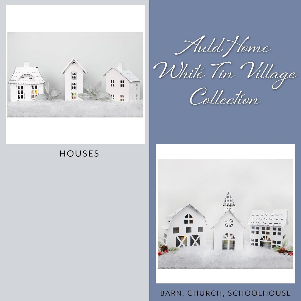 AuldHome Design Farmhouse Christmas Village Collection #2 w/Church, Barn and School (Set of 3, White); Candle Lantern Decorative Christmas Town Display