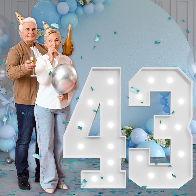 Marquee Numbers Large 43rd-Birthday Decorations: 4ft Light Up Number Party Decor 43 Year Old Women And Men 34th Birthday Decoration Backdrop 34 Anniversary Cardboard Big Mosaic Balloon Frame Number 43