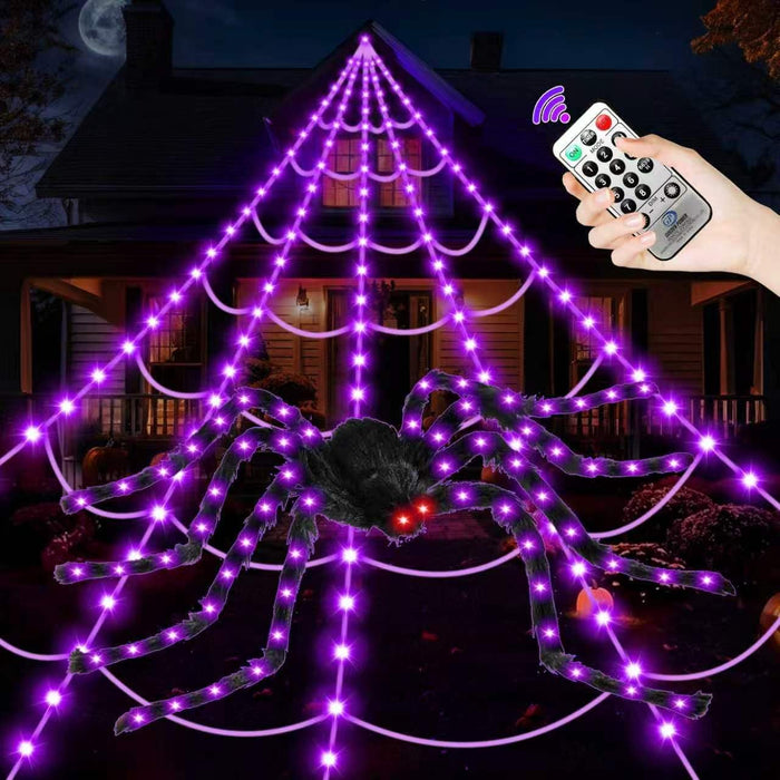 Halloween Decorations Outdoor, 250 LED Halloween Giant Spider Web Lights, 200" Lighted Spiderweb Light up with 8 Modes for Yard Haunted House Decor, Remote Control Lighted Spider Dark Purple