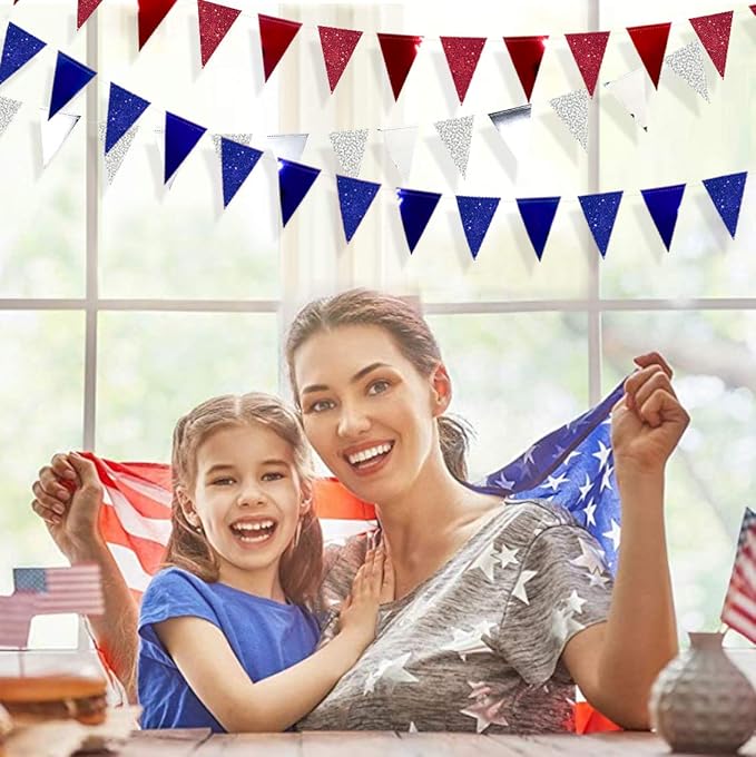 30 Ft Red Silver Blue Triangle Pennant Banner Bunting Hanging Paper Flag Garland for 4th of July American Independence Day USA National Day Patriotic Graduation Wedding Hen Party Decorations Supplies