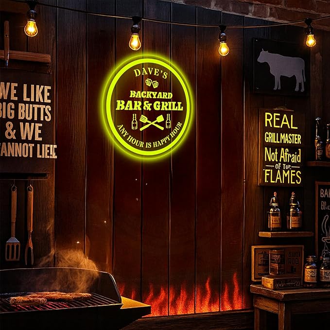 Custom Acrylic LED Bar Sign – Personalized Color Changing Wall Decor for Backyard Patio, Home Bar, Kitchen, or Man Cave (Bar & Grill, 20 INCHES)