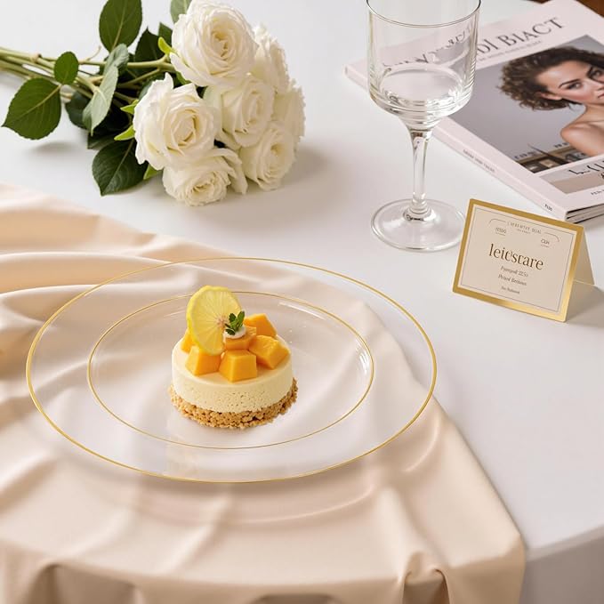 bUCLA 100PCS Clear and Gold Plastic Plates - Clear Disposable With Gold Rim Include 50 Each (10 inch Dinner & 7 inch Dessert) Plates, Ideal for Party & Thanksgiving