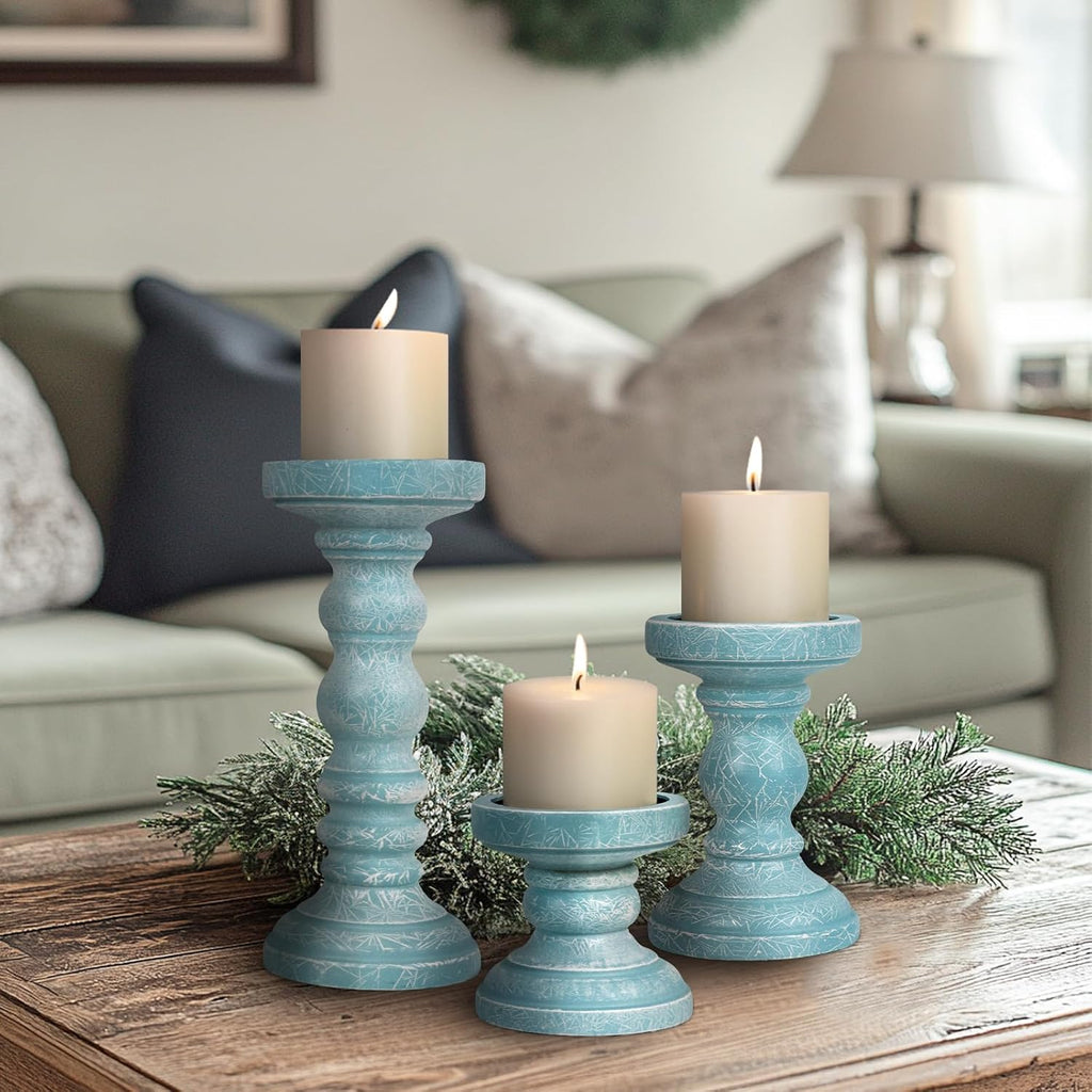 Candle Holder for Pillar Candle Set of 3, Ocean Themed Beach Decor Candle Holders, Coastal Farmhouse Nautical Rustic Decorations for Bathroom, Living Room, Dining Room and Office, Blue