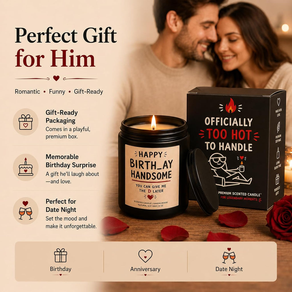 Funny Birthday Gifts for Husband, Boyfriend, Sandalwood Amber Soy Wax Candle for Him, Cheeky Birthday Gift for Men, 9 oz Black Jar Candle